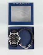 Tommy Hilfiger Black Leather Watch & Bracelet Set - Black
