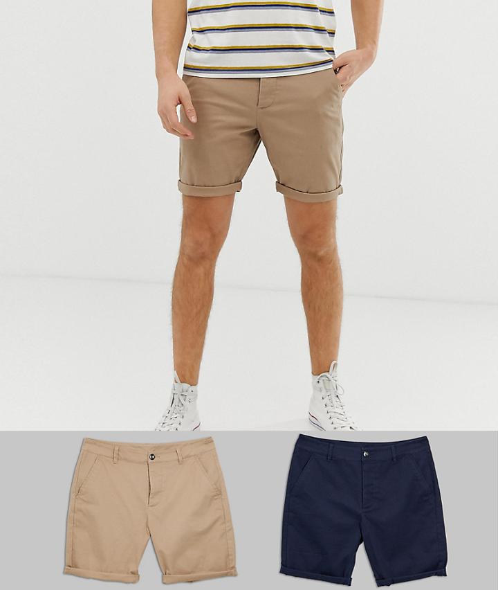 Asos Design 2 Pack Slim Chino Shorts In Stone & Navy Save-multi
