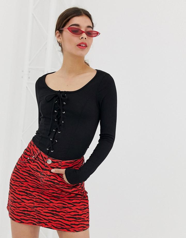 New Look Top With Lattice Front In Black - Black