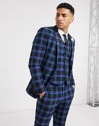 Asos Design Wedding Super Skinny Suit Jacket In Blue Highlight Plaid-blues
