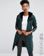 Y.a.s Tall Calvein Sateen Parka Coat With Faux Fur Hood - Green