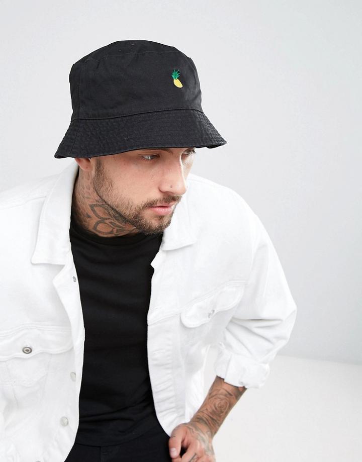 Asos Mini Bucket Hat With Pineapple Embroidery - Black