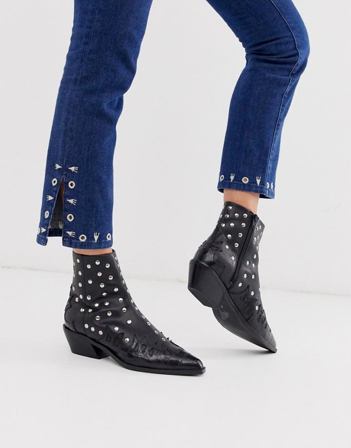 Asos Design Atlanta Studded Western Leather Boots In Black