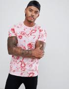 Asos Design T-shirt With All Over Snake Floral Print - Pink