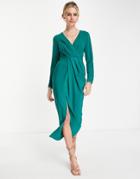Asos Design Long Sleeve Plunge Pleat Front Midi Dress In Dark Green