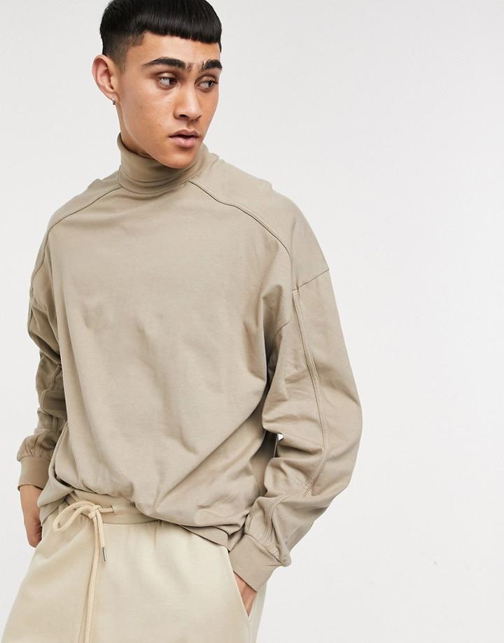 Asos Design Oversized High Neck Top With Seam Detail In Beige-neutral