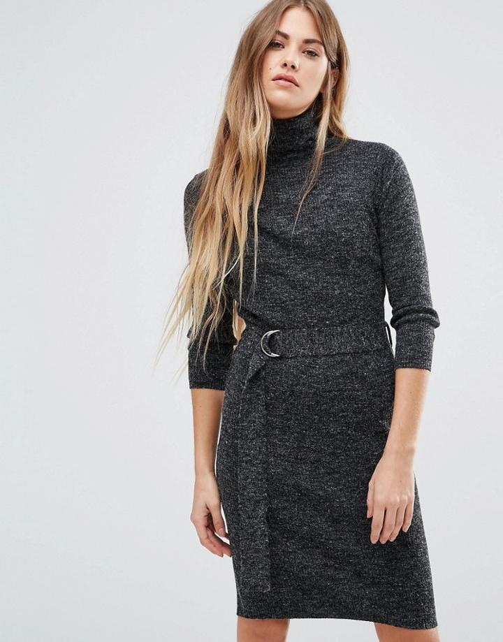 Brave Soul Roll Neck Sweater Dress With Belt Waist - Gray