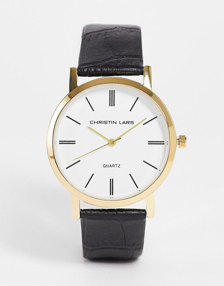 Christin Lars Croc Effect Strap Watch In Black-gold