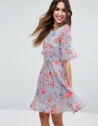 Asos Premium Pretty Floral Print Skater Dress With Embroidery - Multi