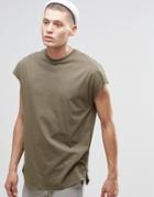 Asos Oversized Sleeveless T-shirt With Curved Hem And Side Zips In Khaki - Camo Khaki