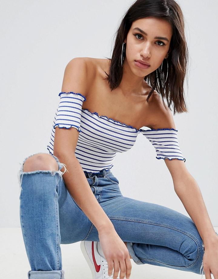 Asos Design Off Shoulder Stripe Top With Lettuce Hem - Multi