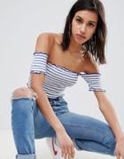 Asos Design Off Shoulder Stripe Top With Lettuce Hem - Multi