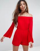 Oh My Love Fluted Sleeve Romper - Red