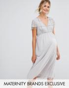 Maya Maternity Midi Dress With Embellished Bodice And Fringed Sequin Detail - Silver