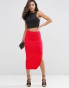 Asos Longer Length Midi Pencil Skirt With Thigh Split - Red