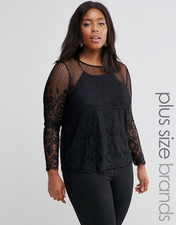 New Look Plus Delicate Lace Scallop Top - Black