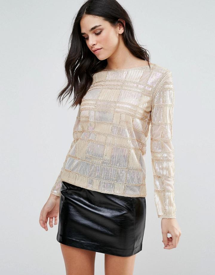 Endless Rose Long Sleeve Geometric Embellished Top - Gold