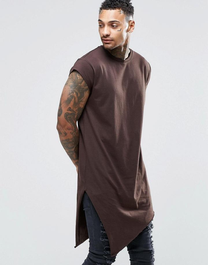 Asos Super Longline T-shirt With Asymmetric Hem And Cap Sleeve - Coffee Bean
