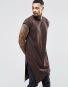 Asos Super Longline T-shirt With Asymmetric Hem And Cap Sleeve - Coffee Bean