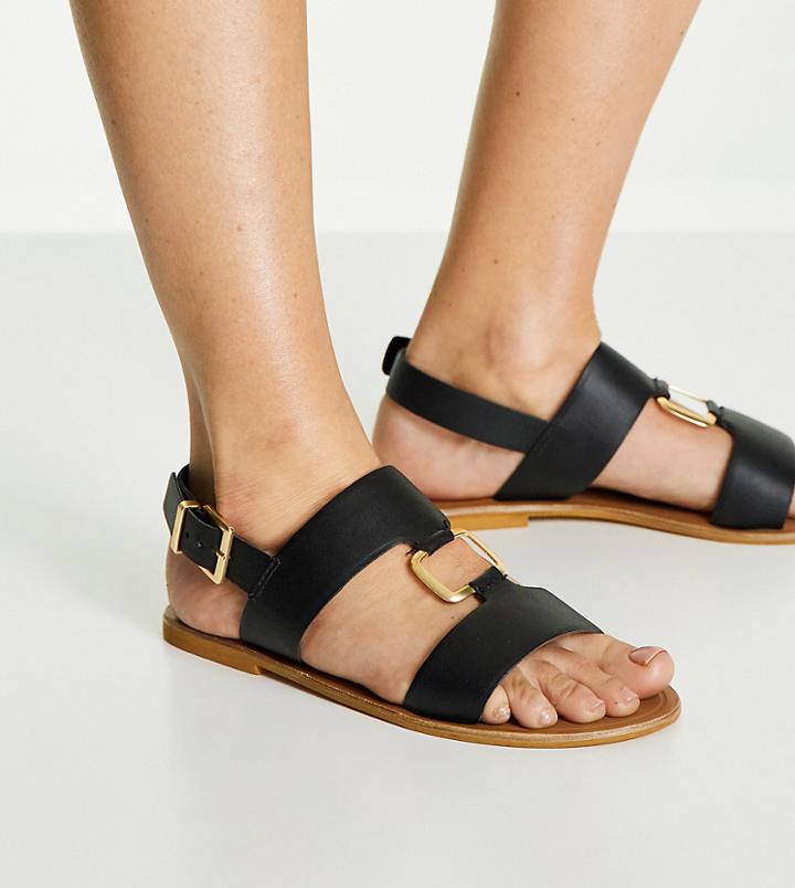 Asos Design Wide Fit Fenix Leather Ring Detail Flat Sandals In Black