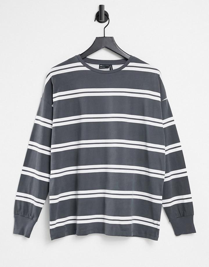 Asos Design Long Sleeve T-shirt With Cuff And Double Stripe In Charcoal-multi