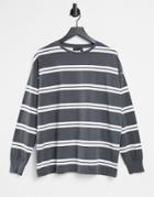 Asos Design Long Sleeve T-shirt With Cuff And Double Stripe In Charcoal-multi