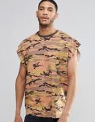 Asos Super Oversized Sleeveless T-shirt In Vintage Camel Camo Print - Camel