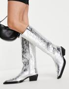 Topshop Texas Premium Leather Knee High Western Boot In Silver