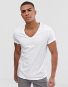 Asos Design T-shirt With Deep V Neck And Roll Sleeve In White - White