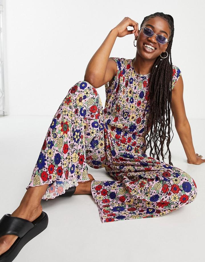 Monki Sleeveless Plisse Jumpsuit In Retro Floral-multi