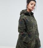 Brave Soul Plus Bruges Lightweight Parka In Washed Camo - Green