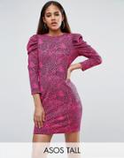 Asos Tall Crepe Mini Dress With Puff Sleeves In Animal Print - Pink