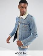 Asos Tall Denim Jacket With Fleece Collar In Blue Wash - Blue