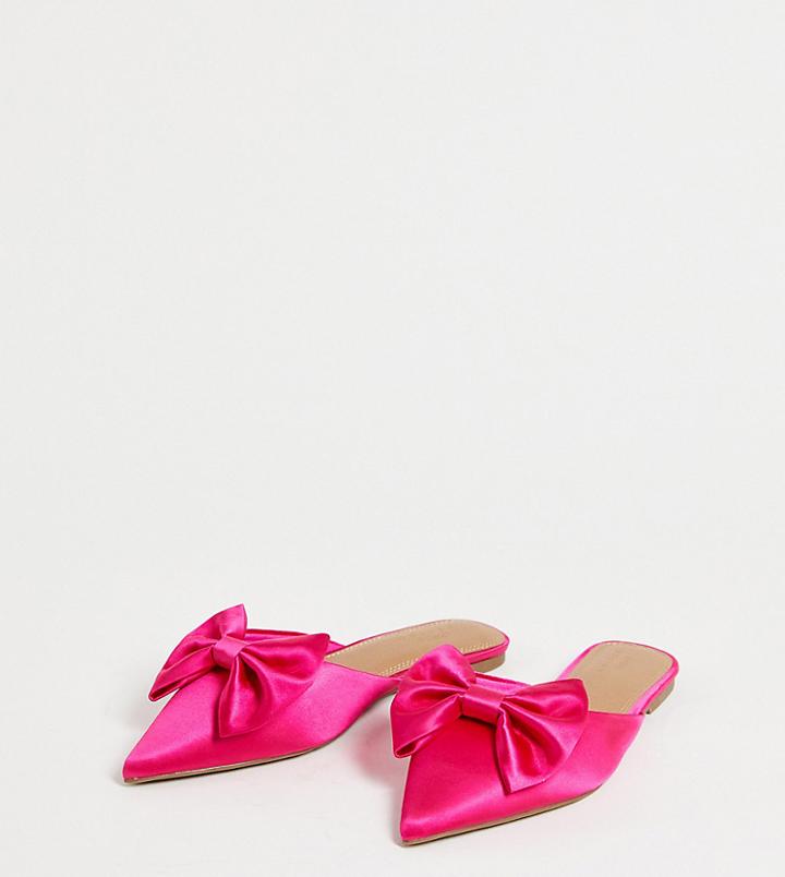 Asos Design Wide Fit Lass Oversized Bow Pointed Flat Mules In Pink Satin