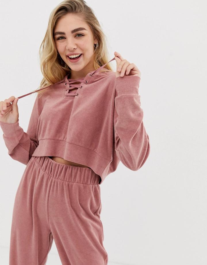 Asos Design Lounge Textured Lounge Lace Up Hoodie-pink