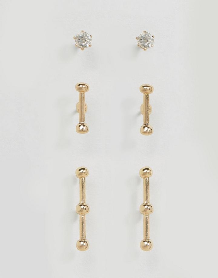 Asos Pack Of 3 Stud And Bar Earrings - Gold