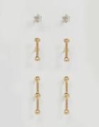 Asos Pack Of 3 Stud And Bar Earrings - Gold