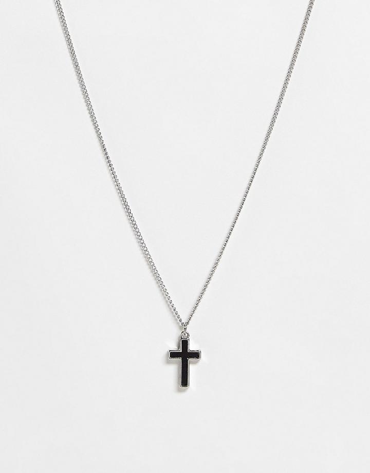 Asos Design Necklace With Black Cross In Silver Tone