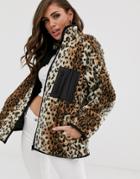 Asos Design Leopard Fleece Jacket With Binding Detail - Multi