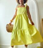 Stradivarius Tiered Poplin Midi Dress With Bunny Ties In Yellow