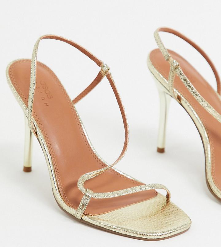 Asos Design Wide Fit Nevada Strappy Heeled Sandals In Gold Snake