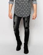 Asos Selvedge Super Skinny Jeans With Abrasions In 13oz Black - Black