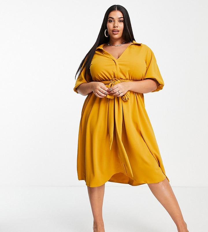 Asos Design Curve Wrap Shirt Midi Skater Dress With Self Belt In Mustard-orange