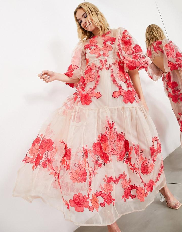 Asos Edition Organza Smock Midi Dress With Floral Embroidery In Pink
