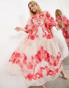 Asos Edition Organza Smock Midi Dress With Floral Embroidery In Pink
