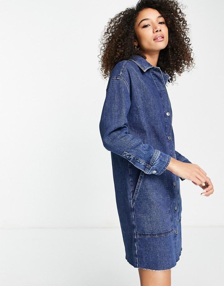 Selected Femme Denim Dress With Button Front In Mid Blue Wash