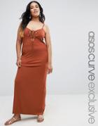 Asos Curve Maxi Beach Dress With Lace Up Front - Brown