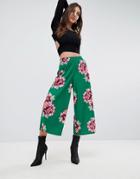 Asos Cropped Wide Leg Pants In Floral Print - Green