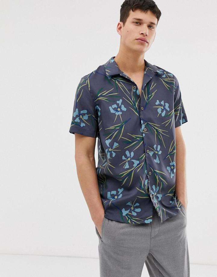Ps Paul Smith Short Sleeve Floral Print Shirt In Gray