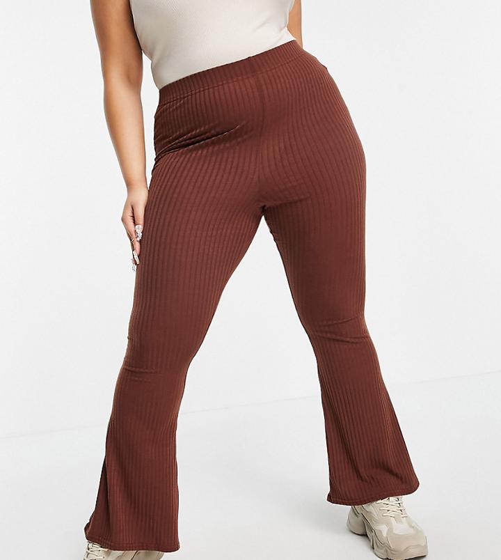 Yours Ribbed Flared Pants In Cinnamon-brown